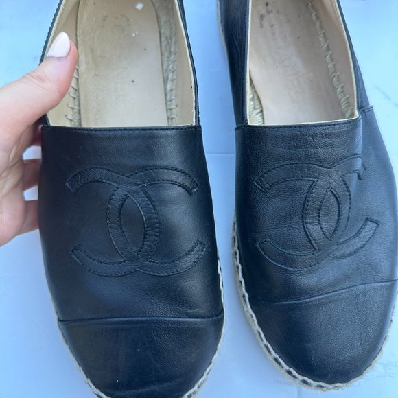 Chanel CC Espadrilles Flat Loafers Sz 40 Lambskin Leather Black - Picture 7 of 16